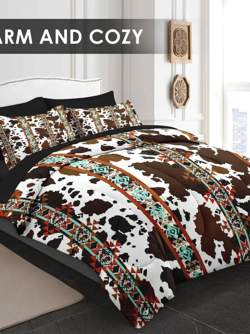 Queen Comforter Set with Sheets, 7 Pieces Cowhide Cow Bedding | Bed in A Bag for